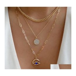 Pendant Necklaces Fashion Jewellery Evil Eye Mti Layer Necklace Blue Eyes Rhinestone Round Choker Drop Delivery Pendants Dhmcg