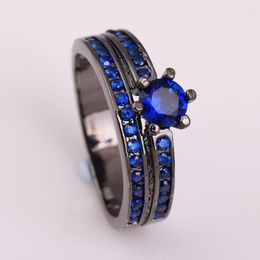 Wedding Rings Black Royal Blue Zirconia Zircon Paved On Women Ring Rhodium Gold-color Jewellery Finger