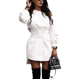 Casual Dresses Women Sweatshirt Mini Dress Fall Winter 2023 Off Shoulder High Waist Lace-up Long Sleeve Loose Solid