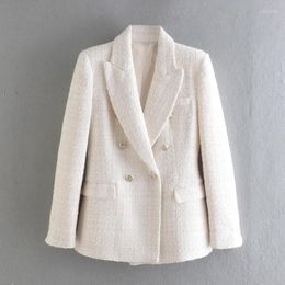 Women's Suits 2023 Korean Style Blazer Women Tweed Jacket Double Breasted Office Lady Blazers Coat Checked Female