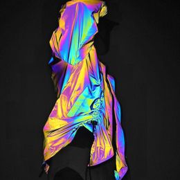 Men's Jackets Rainbow Hip Hop Reflective Men Fashion Drawstring Sleeve Zipper Male Cycling Walking Running Fluorescent Clothing 230130