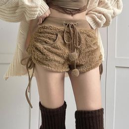 Women's Shorts 2023 Y2k Fur Brown Kawaii Women Sweet Solid Low Waist With Bow Bodycon Gothic Furry Chic Black Bottoms Winter