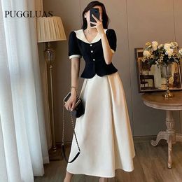 Two Piece Dress Summer Elegant Women Skirt Sets Retro Office Lady Outifits Puff Sleeve Black Top A Line Skirts Korean Fashion Sweet Hepburn Suit 230130