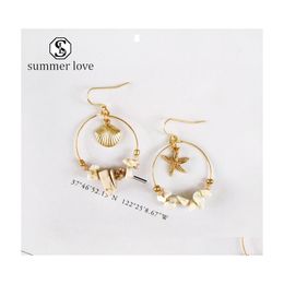 Stud Vintage Shell Starfish Earring For Women Girls Boho Gold Plated Geometric Round Circle With Stone Beads Earrings Summer Beach D Dhuaj