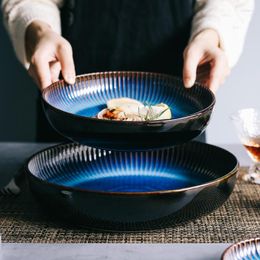 Plates Japanese Blue Stripe Ceramic Western Steak Ramen Plate Simple Household Round Noodle Soup Salad Dessert Kitchen Tableware