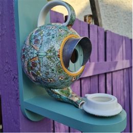 Other Bird Supplies William Morris Cyan Teapot house And Feeder Ceramic Outdoor hanging Wall Mount Garden Home Decor 230130