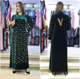 Ethnic Clothing Letter Print Zipper Up Muslim Velvet Dress Plus Size Robe Africaine Femme Islamic Spring Autumn Maxi Long Dresses