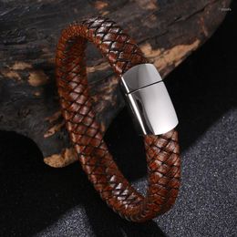 Charm Bracelets Trendy Multicolor Braided Leather Rope Bracelet Men Bangle Stainless Steel Fashion Punk Male Wristband Party Jewelry Gift