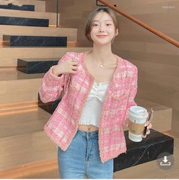 Women's Jackets Drop Students Pink Tweed Wool Plaid Short Jacket Coat 2023 Est Autumn Women Single Breasted Pocket Slim Tops Clothes