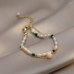 Strand Double Retro Elegant Freshwater Pearl Bracelet Female Jewellery Girlfriend Girl Emerald Crystal Women