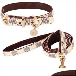 Dog Collars Leashes Designer Leather Collar And Leash Set Adjustable Basic Cheque Pattern Durable Harness With Metal Buckle Suitabl