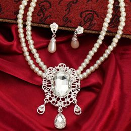 Necklace Earrings Set Luxurious White Crystal Gems Bridal Multi-layer Chain Stud Simulated Pearl For Women