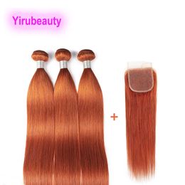 Brazilian Human Hair Peruvian Indian Raw Virgin Hair Extensions Double Wefts With Free Part 4X4 Lace Closure Ginger Colour 10-28inch