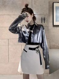 Women's Blouses Spring And Autumn Women's Silver Two-Sided Lapel Single-Breasted Long-Sleeved Short Jacket Fashion Senior