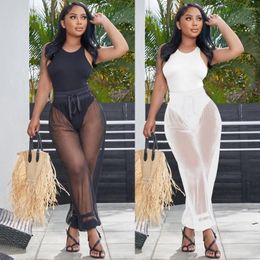 Women's Two Piece Pants Women 2 Set Tank Bodysuit Bodycon Stretchy Mesh Matching Sexy See Through 2023 Summer Party Club Outfits