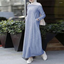 Casual Dresses Arabic Abaya Kaftan Islamic Ramada Prayer Women Gown Dubai Turkey Striped Retro Fashion Linen Robe Dress Muslim Clothing