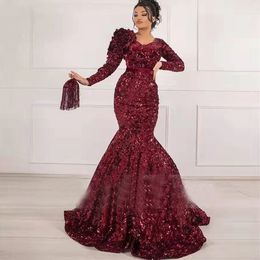 Arabic Dubai Burgundy Sequins Mermaid Evening Dresses V Neck Full long Sleeves Prom Gowns Middle East robes de soiree floor length Robes De Soiree