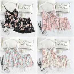 Women's Sleepwear Hirigin Flower Women Pyjama Sets Lace Patchwork Fashion Nightwear 2023 Summer Fits Silk 2 Piece Set