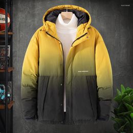 Men's Down Mens Cotton Padded Jacket Men 2023 Fashions Yellow Hooded Warm Patchwork Loose Coat Casual Street Wear Jackets For