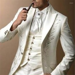 Men's Suits 2023 Custome Homme Ivory Embroidery Diamond Men Suit 3Pieces(Jacket Pants Vest) Formal Italian Slim Fit Tuxedo Blazer