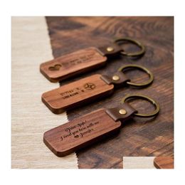 Keychains Lanyards Personalized Leather Keychain Pendant Beech Wood Carving Lage Decoration Key Ring Diy Thanksgiving Fathers Day Dhrgp