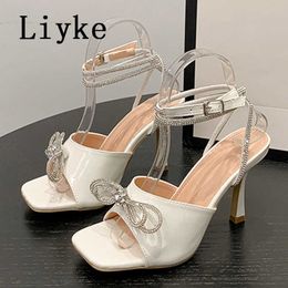 2023 New Glitter Rhinestones Bowknot Summer Women Sandals Square Toe Crystal Buckle Strap Thin High Heels Party Prom Shoes 0129