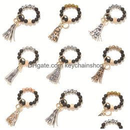 Keychains Lanyards Mtif Tassel Circle Wristlet Keychain Bangles Fashion Charm Jewelry Leopard Printed Wooden Beads Bracelet Key Ch Dhdah