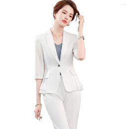 Women's Two Piece Pants Black White Women Half Sleeve Ruffle Blazer And Pant Suit Elegant Office Lady Formal Set For Spring Summer Work Wear