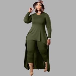 Women's Plus Size Tracksuits 5xl 4xl for Women Two Piece Sets Round Neck Long Sleeve Irregular Maxi Tops Tight Pants Street Wear Clothing Wholesale 230130