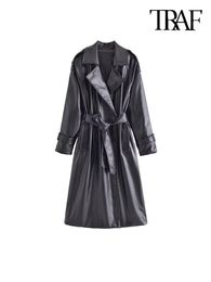 Women's Trench Coats TRAF Women Fashion With Belt Faux Leather Trench Coat Vintage Long Sleeve Flap Pockets Female Outerwear Chic Overcoat 230130