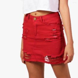 Skirts Red Denim Skirt Y2k Mini Jeans For Woman Korean Fashion Party Sexy Ripped Pencil High Waist Summer