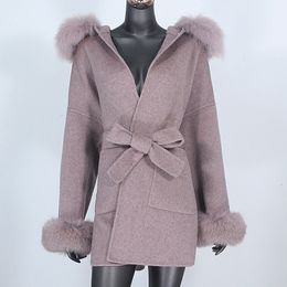 Women's Wool Blends BLUENESSFAIR Real Fur Coat Winter Jacket Women Natural Fur Collar Cuffs Cashmere Wool Blends Oversize Outerwear Fashion 230130