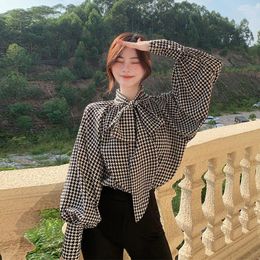 Women's Blouses Fashion Top Women Houndstooth Shirts 2023 Spring Summer Elegant Button Loose Long Lantern Sleeve Lapel Party Tops