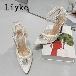 2023 New Sexy Mesh Pumps Sandals Female Pointed Toe White String Bead Ankle Strap High Heels Stiletto Dress Shoes Women 0129