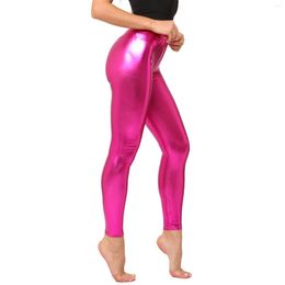 Active Pants Womens Yoga Long Metallic Faux Leather Leggings Shiny Mid Waist Elastic Waistband Skinny For Nightclub Costume