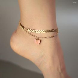 Anklets Fashion Beach Gold Colour Olive Leaf Chain Imitation Pearl Anklet Set For Women Female Vintage Sexy Red Butterfly Pendant Jewellery
