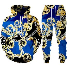 Men's Tracksuits Luxury Vintage 3D Print Hoodie Pants 2 Pieces Tracksuit Set Fashion Golden Flower Pattern Streetwear Hip Hop Men's Clothing Suit 230130