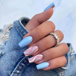 False Nails 24pcs Fresh Blue Ripple Mid-Length Ballerina Fake DIY Full Cover French Coffin Artificial Press On Nail Tips