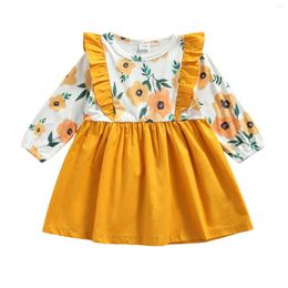 Girl Dresses Kids Summer Dress Floral Stitching O-Neck Ruffled Long Sleeves Casual Skirt For Girls 18 Months To 5 Years