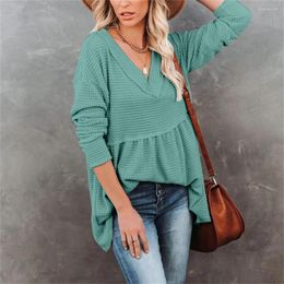 Women's T Shirts 2023 Autumn Winter Casual V Neck Long Sleeve Women Shirt Dress Tops Solid Waffle Patchwork Folds Loose Ladies Street
