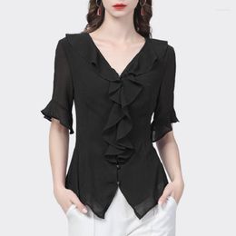 Women's Blouses Summer Women Elegant Chiffon Blouse Urban Fashion Slim Office Wear Cardigan Short Sleeve V Neck Solid Ruffles Women's