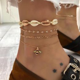 Anklets Boho For Women Shell Crystal Bee Pendant Foot Jewellery Summer Beach Leather Braided Rope Barefoot Anklet Set