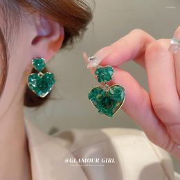 Dangle Earrings Trendy Silver Needle Emerald Crystal Love INS High Quality Versatile Pendant Fashion