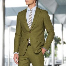 Men's Suits & Blazers Latest Army Green Linen Casual Wedding Tuxedos Custom Made For Men Slim Fit Beach Groomsmen Jacket PantsMen's