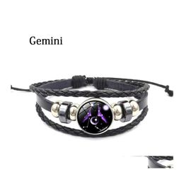 Charm Bracelets Zodiac Glass Metal Buckle Fashion Constellation Jewellery Black Weave Mtilayer Leather Bracelet Dh Drop Delivery Dh9U4