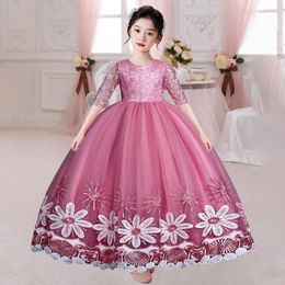 Girl Dresses Children's Dress Temperament Embroidery Lace Long Sleeve Princess Girls' Piano Performance Flower Wedding