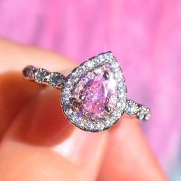 Wedding Rings Platinum-plated Water Drop Shaped Simulation Exquisite Zircon Ring Princess Powder Pink Crystal Luxury Female Jewellery