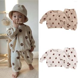 Clothing Sets 2PC Autumn Korean Set Baby Girls Boy Cute Loose Fashion Bear Suit Waffle Cartoon T-shirt Casual Pants Infants Winter Clothes