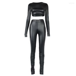 Women's Two Piece Pants 2 Pcs Women Sexy Outfits Autumn Adults Faux Leather Long Sleeve Round Neck Crop Top Ruched Slit