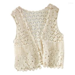 Women's Tanks Women Hollow Out Crochet Crop Top Vest V-Neck Open Front Floral Lace Sleeveless Casual Loose Jacket